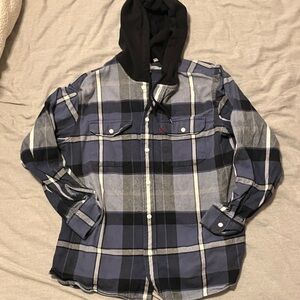 Levi’s Men’s Plaid Hooded Button-Up Shirt Blue Large Relaxed Fit